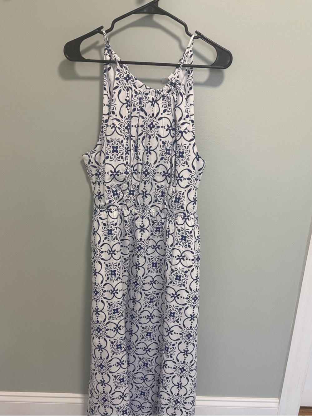 J. Crew White Maxi Dress with Navy Tile Print